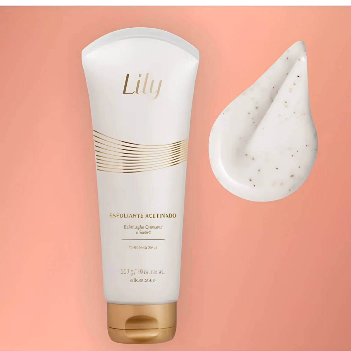 Esfoliante corporal acetinado Lily 200 g — pote de perfil, esfoliante suave com fragrância Lily