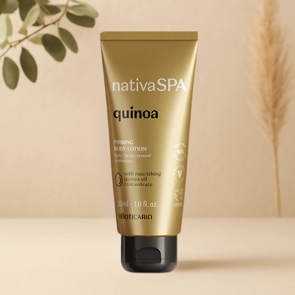 Mini loción reafirmante Quinoa 30 ml — frasco de perfil, formato de descubrimiento Nativa Spa