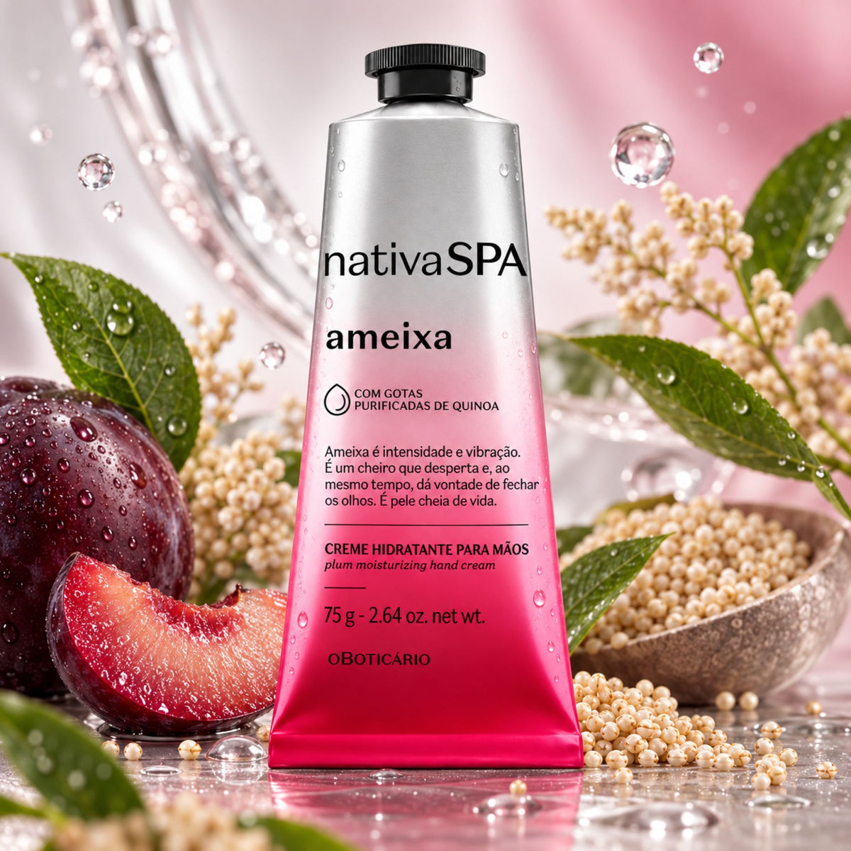 Crème mains Nativa SPA Ameixa 75 g — mise en scène avec prunes et graines de quinoa
