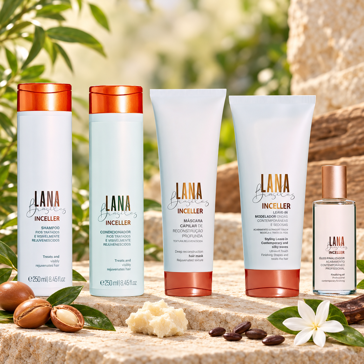 Routine Inceller complète Lana Brasiles : shampoing, après-shampoing, masque, leave-in et huile, dans un décor naturel d’argan, de karité, de caroube et de tiaré.