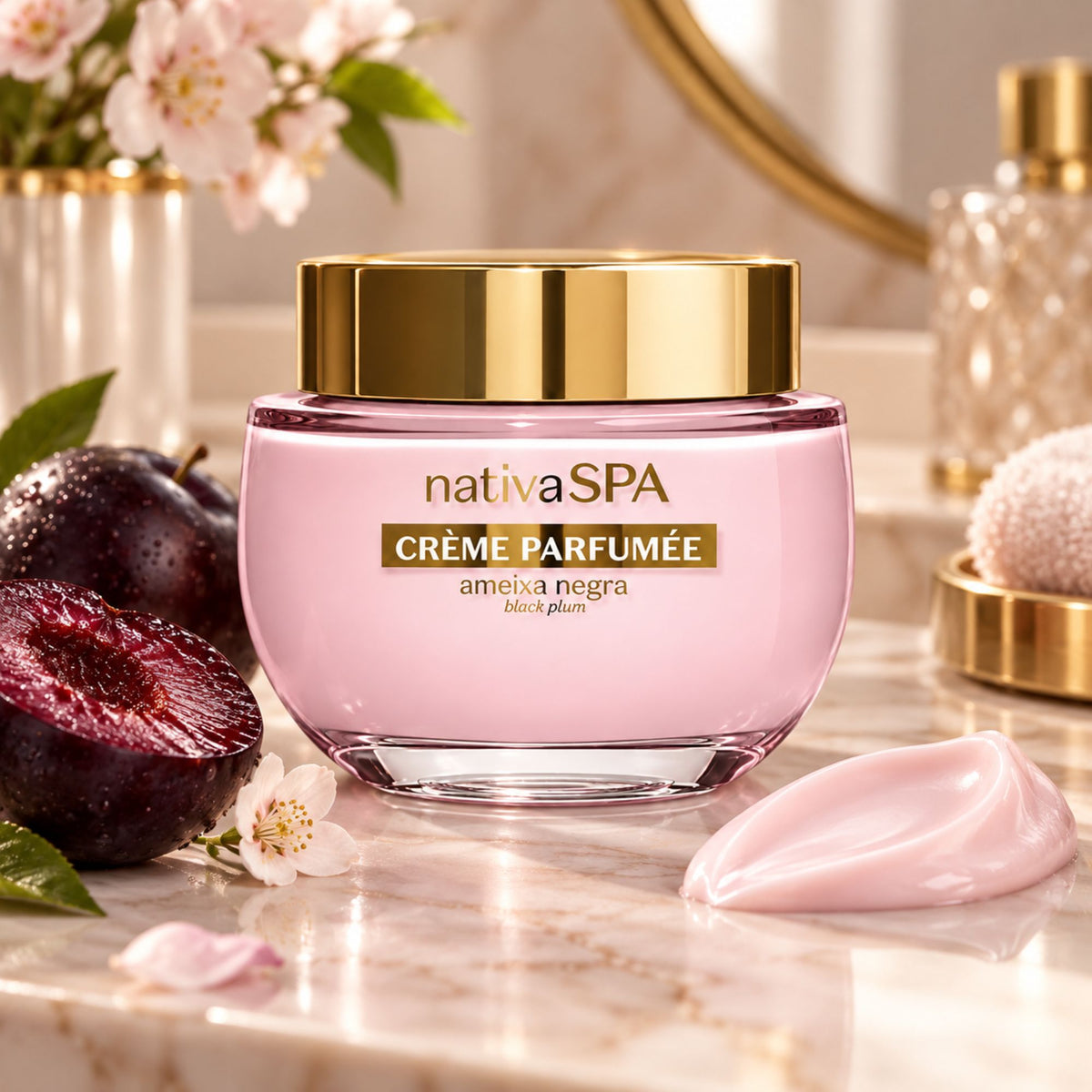 Crème corps Nativa SPA Ameixa Negra 200 g, texture rose et prunes noires sur un comptoir.