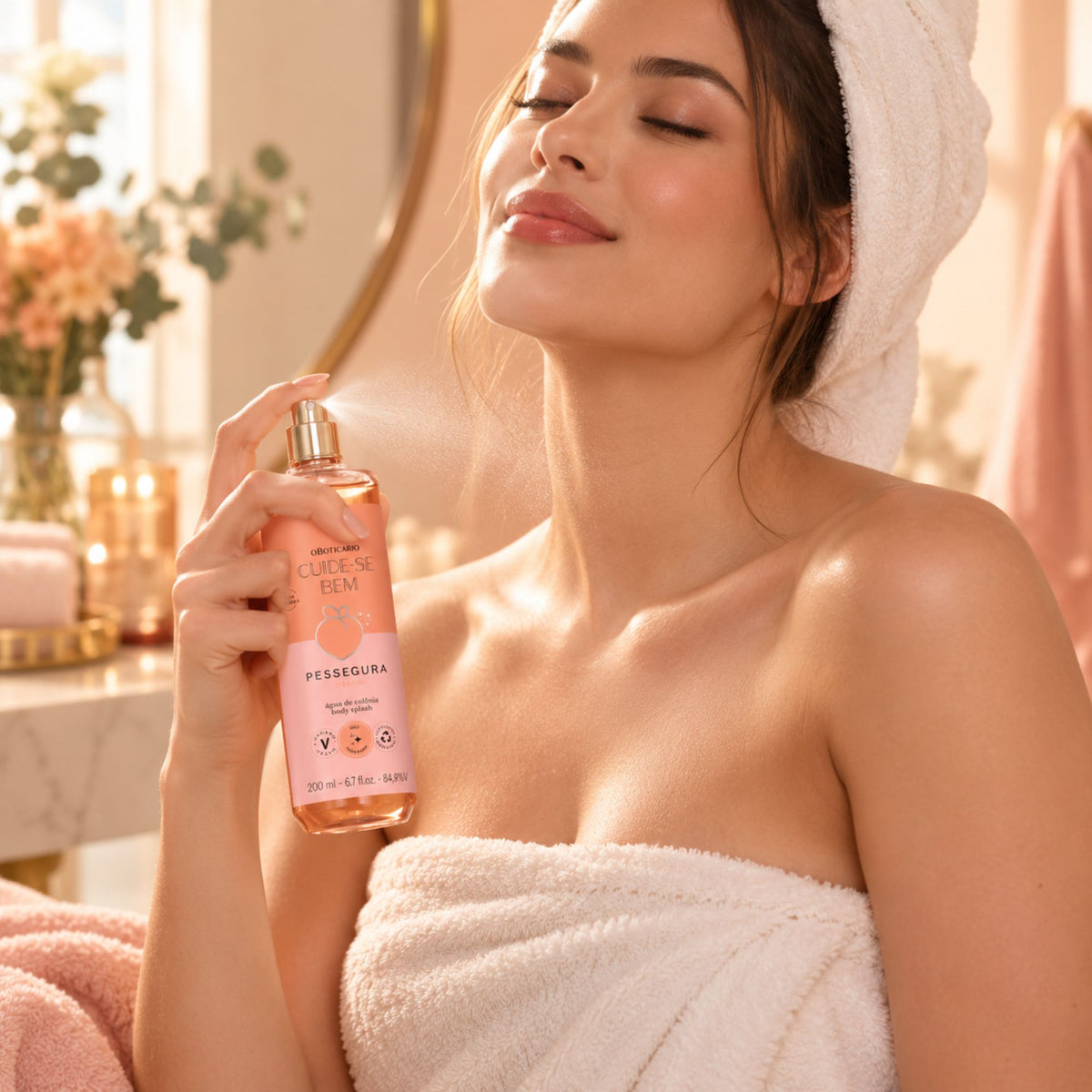 Application du Body Splash Cuide-se Bem Pessegura sur le corps après la douche