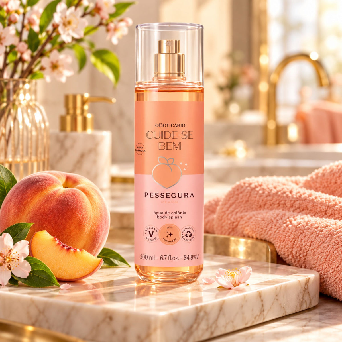 Body Splash Pessegura 200 ml posé dans une salle de bain avec une pêche et une serviette rose