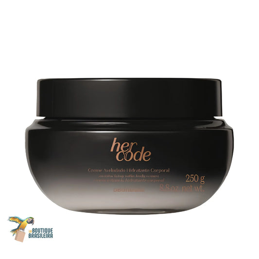 Crème Corps Hydratante Veloutée Her Code 250 g O Boticário — pot fond blanc