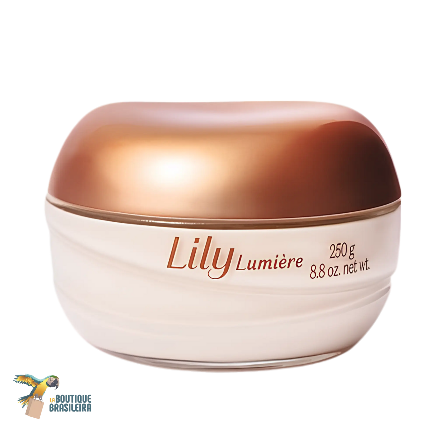 Crème Hydratante Satinée Corps Lily Lumière 250 g O Boticário — pot fond blanc