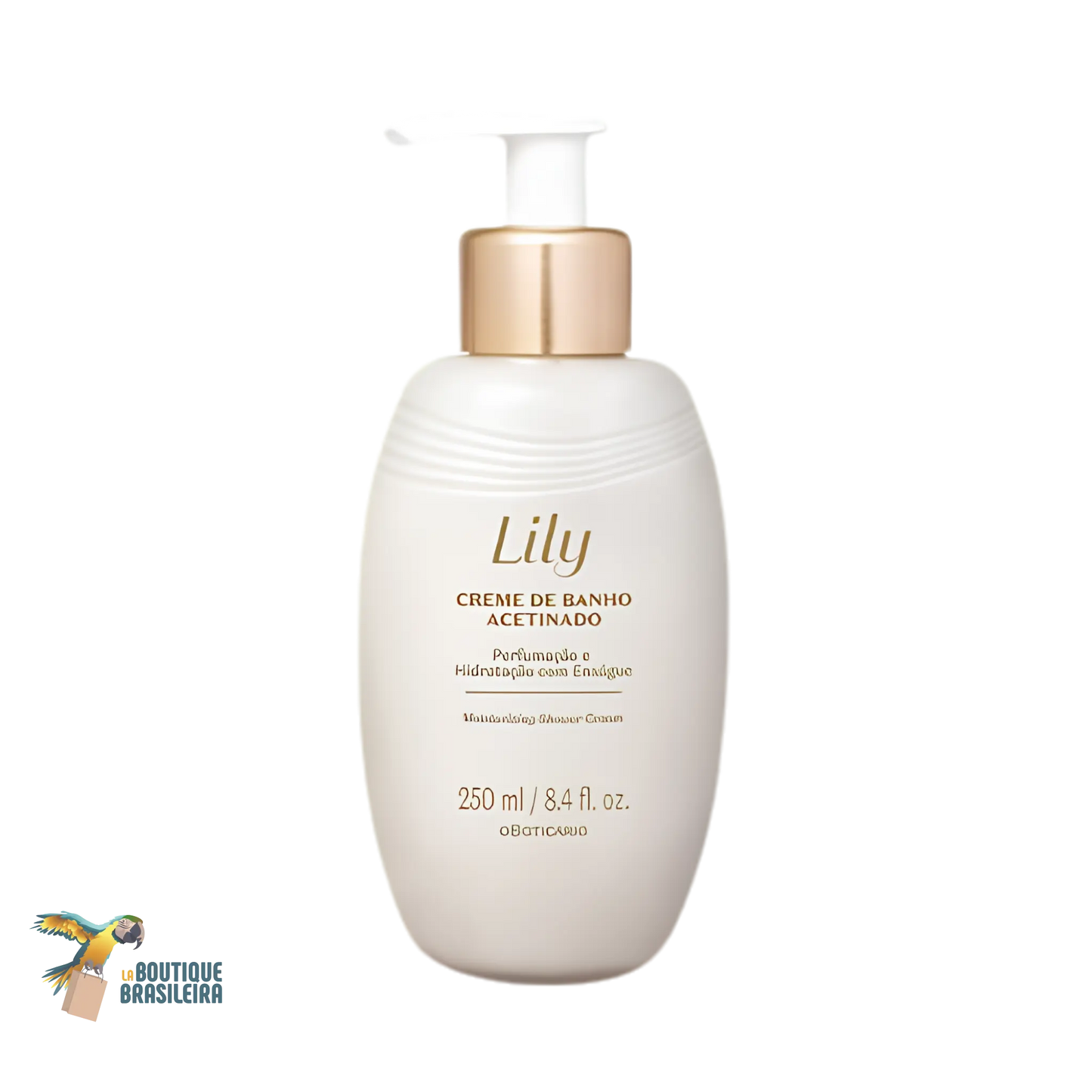 Crème de Douche Satinée Lily 250 ml O Boticário — flacon mousse crémeuse fond blanc