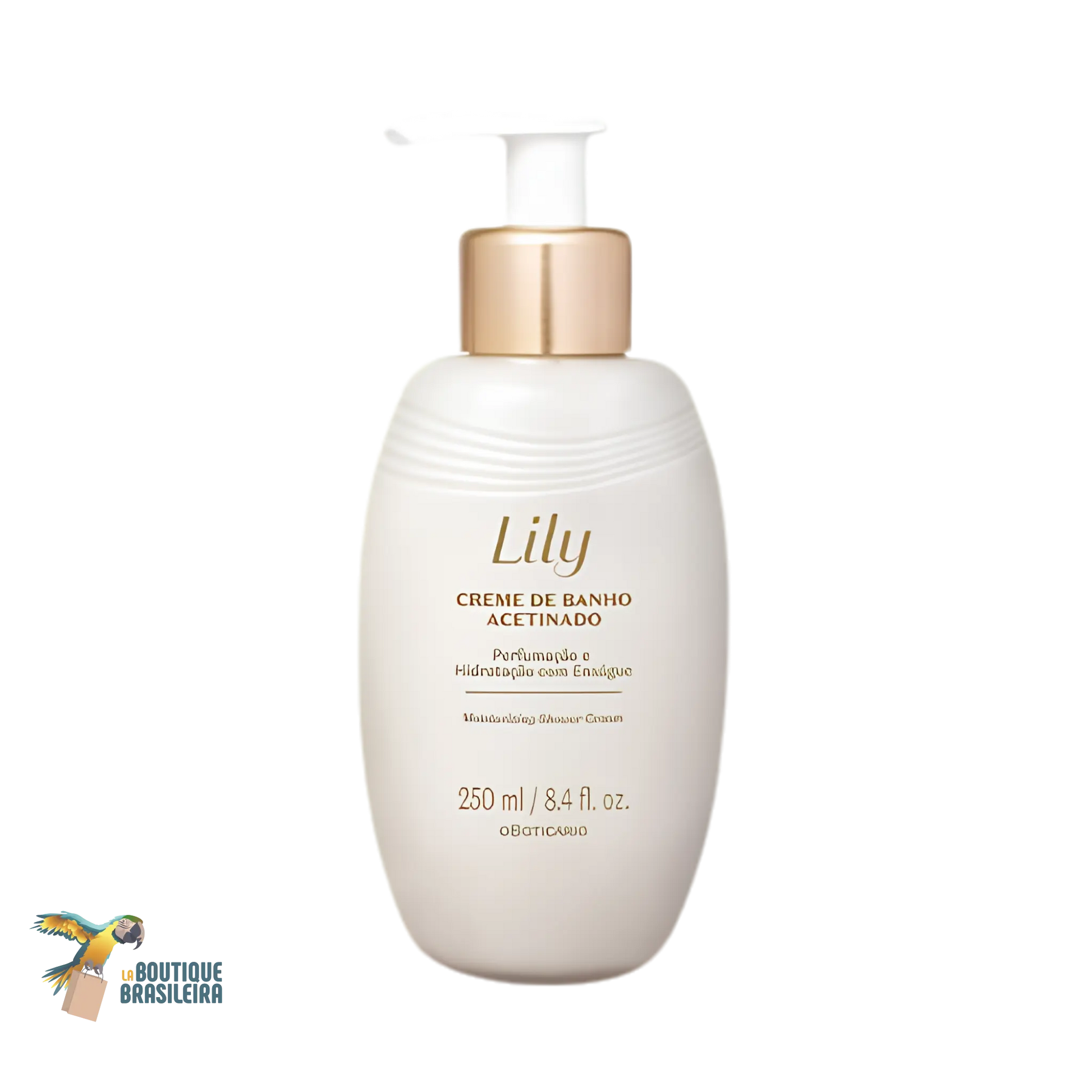 Crème de Douche Satinée Lily 250 ml O Boticário — flacon mousse crémeuse fond blanc