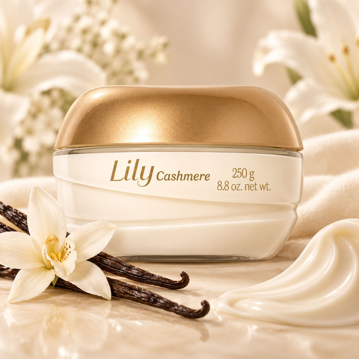 Crème corps Lily Cashmere avec une mise en scène de vanille, fleurs blanches et texture crémeuse