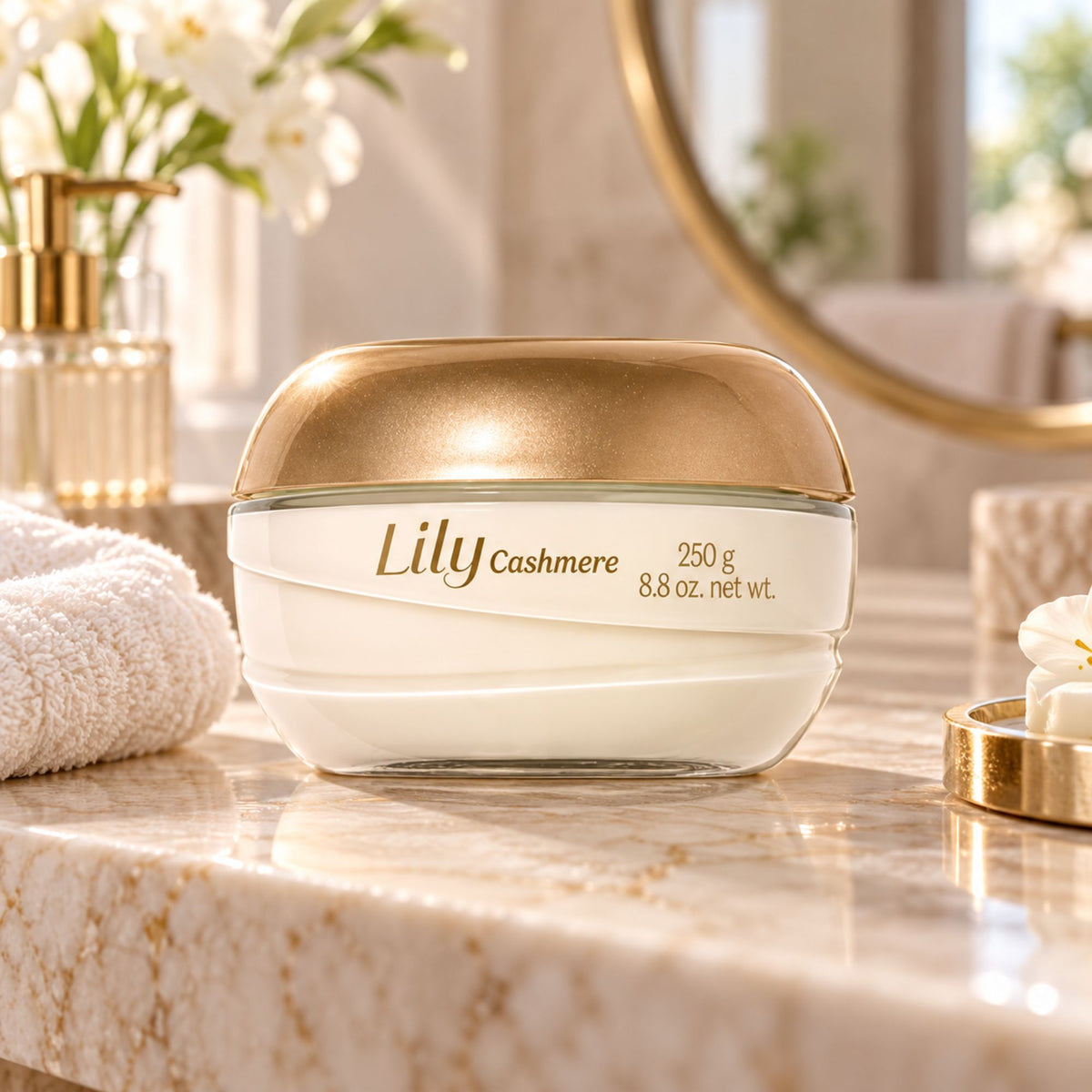 Crème satinée Lily Cashmere 250 g sur une coiffeuse de salle de bain