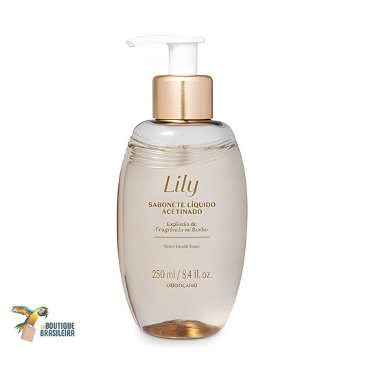 Savon liquide satiné Lily 250 ml O Boticário — flacon nettoyant parfumé fond blanc