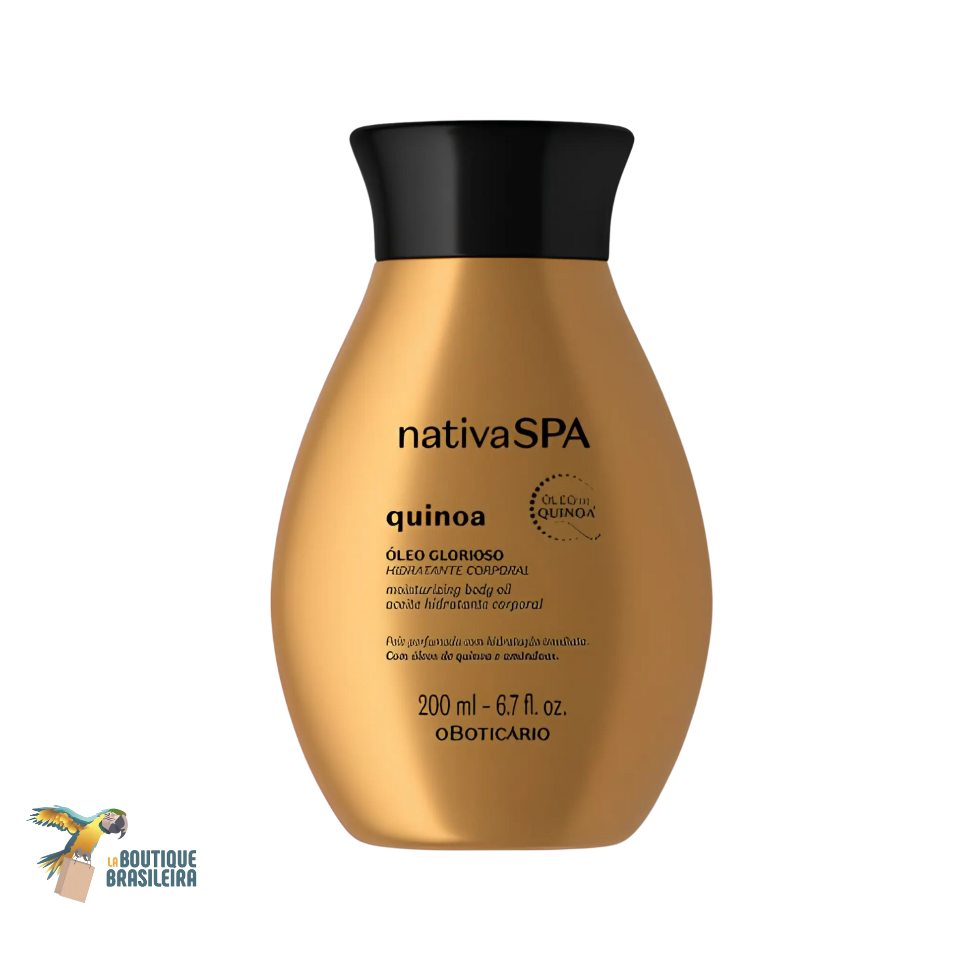 Huile Glorieuse de Douche Nativa Spa Quinoa & Amandes 200 ml O Boticário — flacon fond blanc