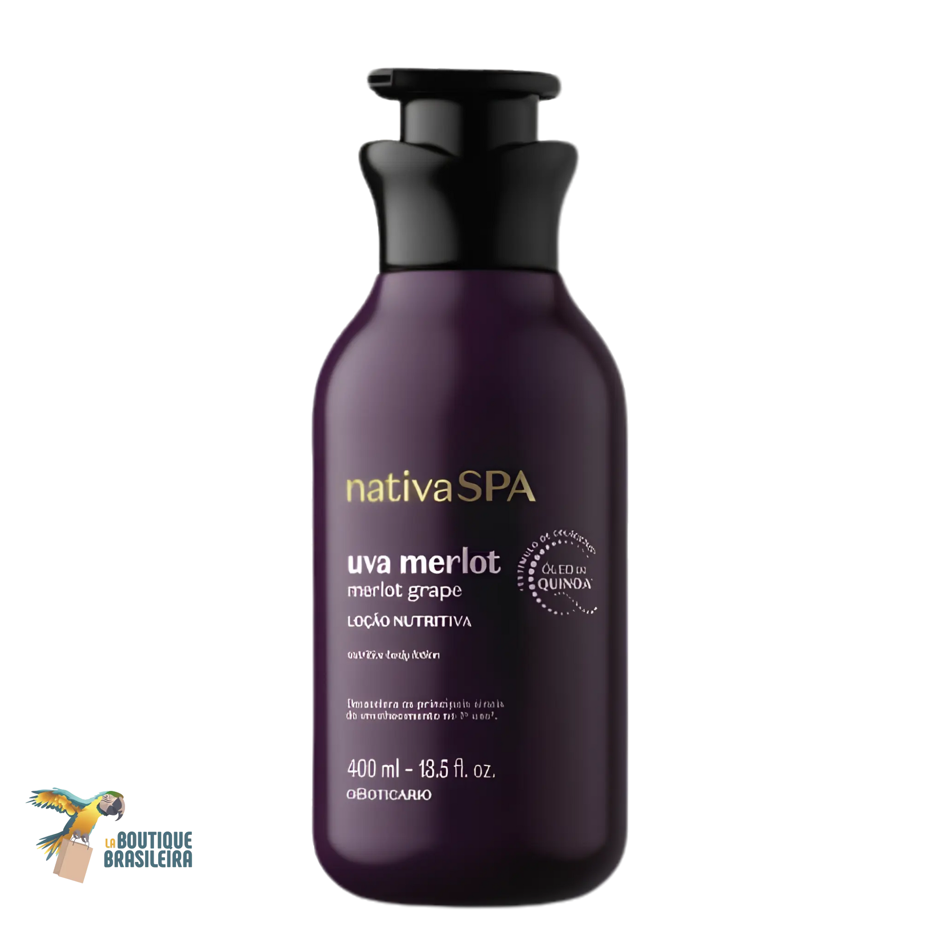 Lotion Corps Nativa Spa Uva Merlot 400 ml O Boticário — flacon pompe fond blanc