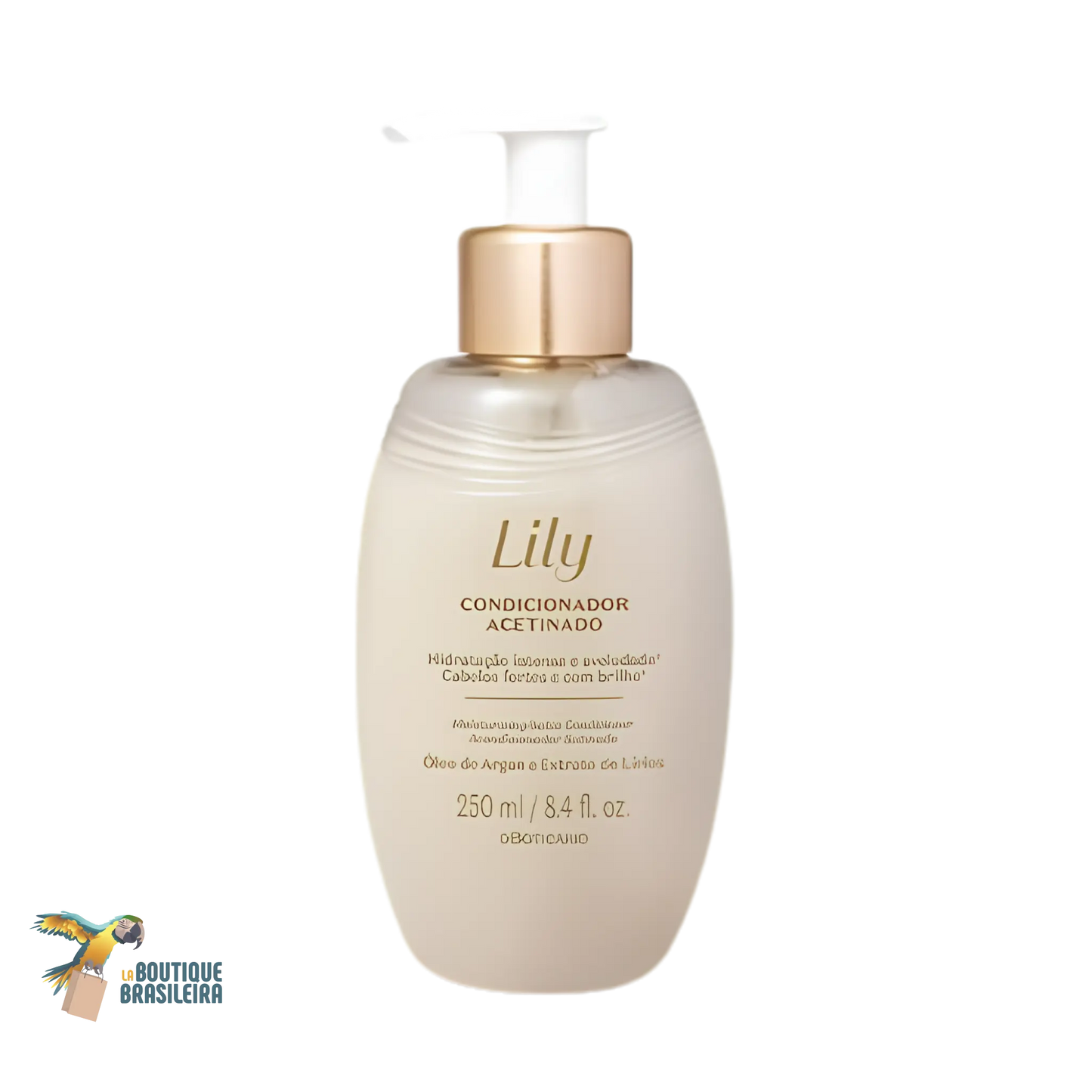 Shampoing Satiné Lily 250 ml O Boticário — flacon soin cheveux parfumé fond blanc