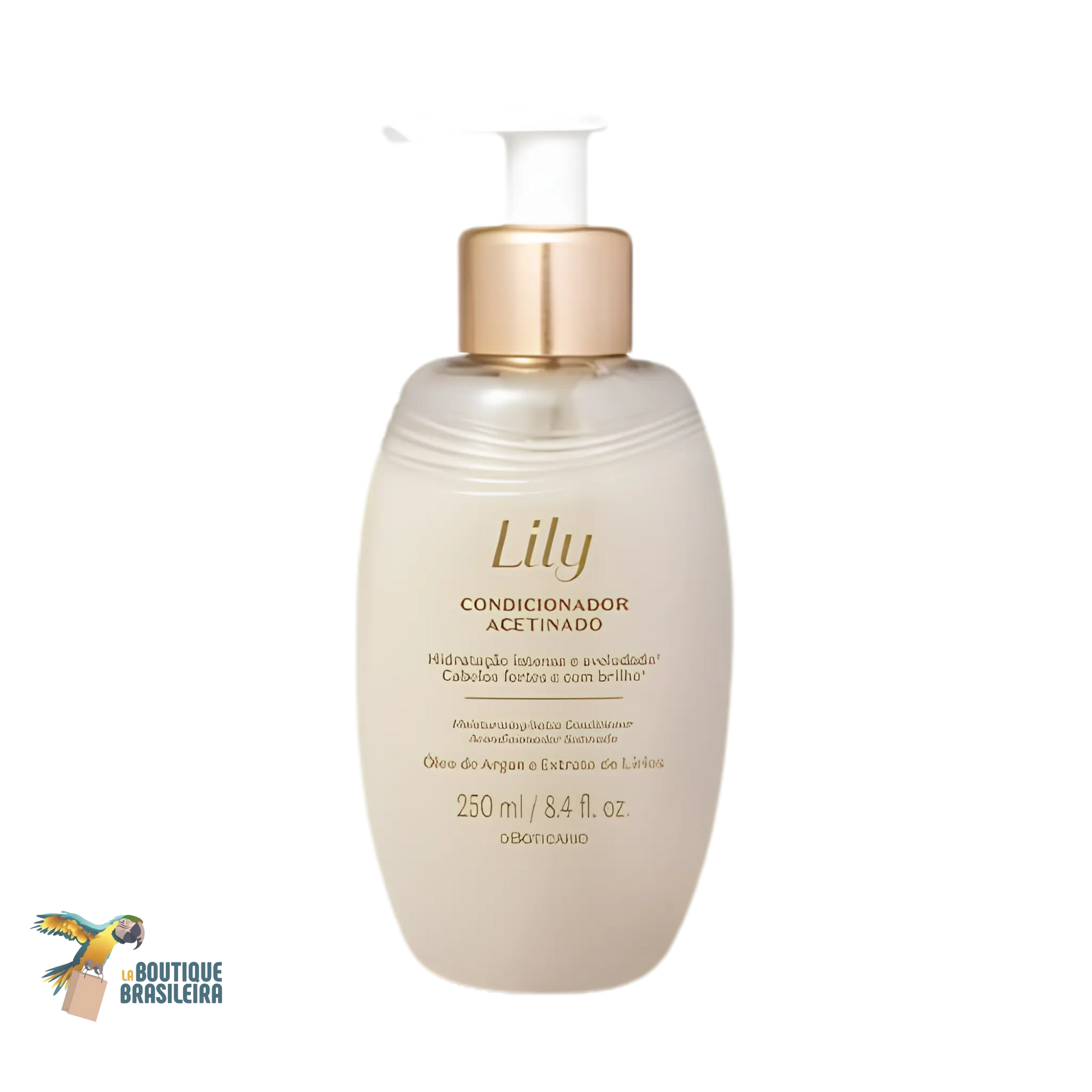 Shampoing Satiné Lily 250 ml O Boticário — flacon soin cheveux parfumé fond blanc