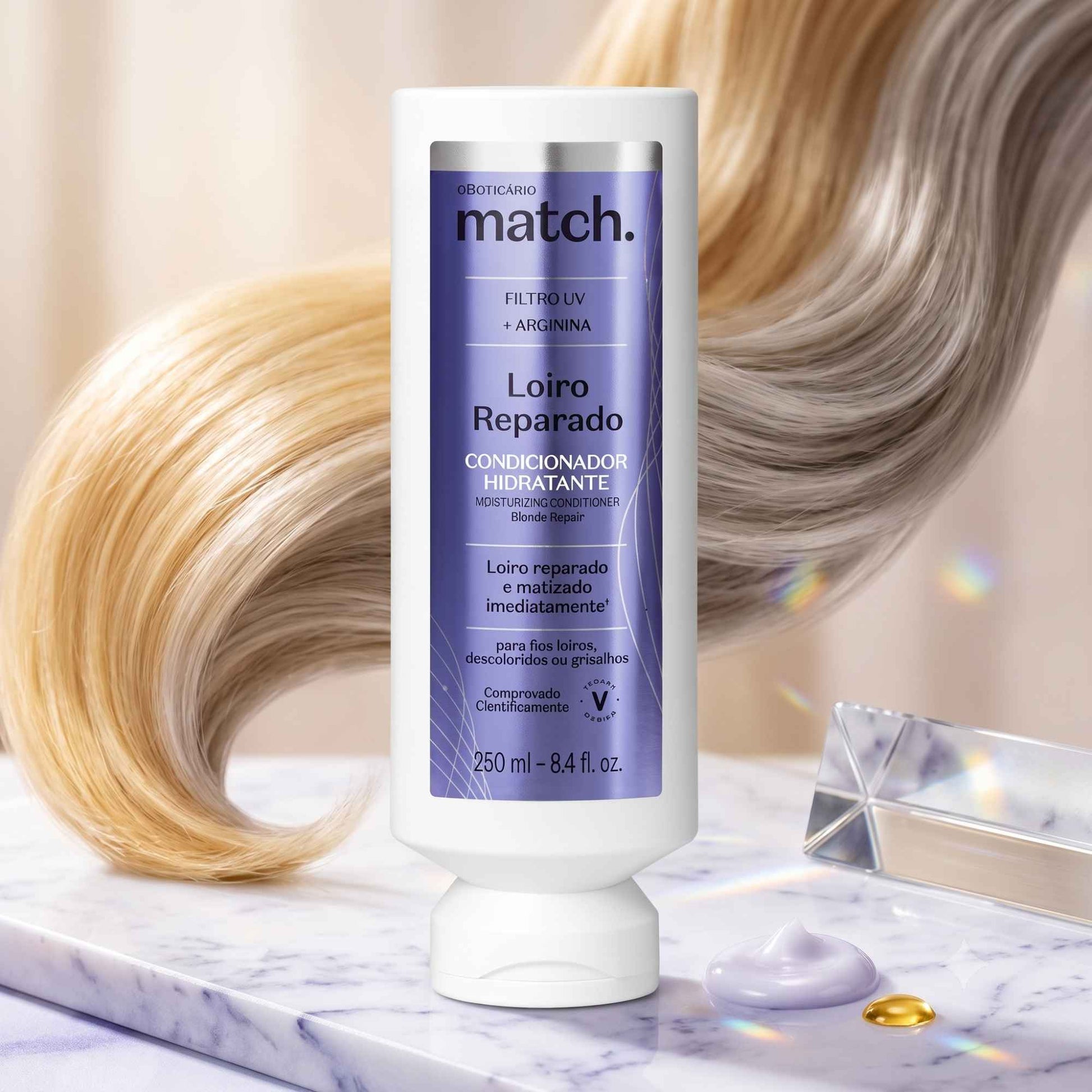 Après-shampoing déjaunisseur Match Proteção dos Loiros 280 ml O Boticário — cheveux blonds et texture violette