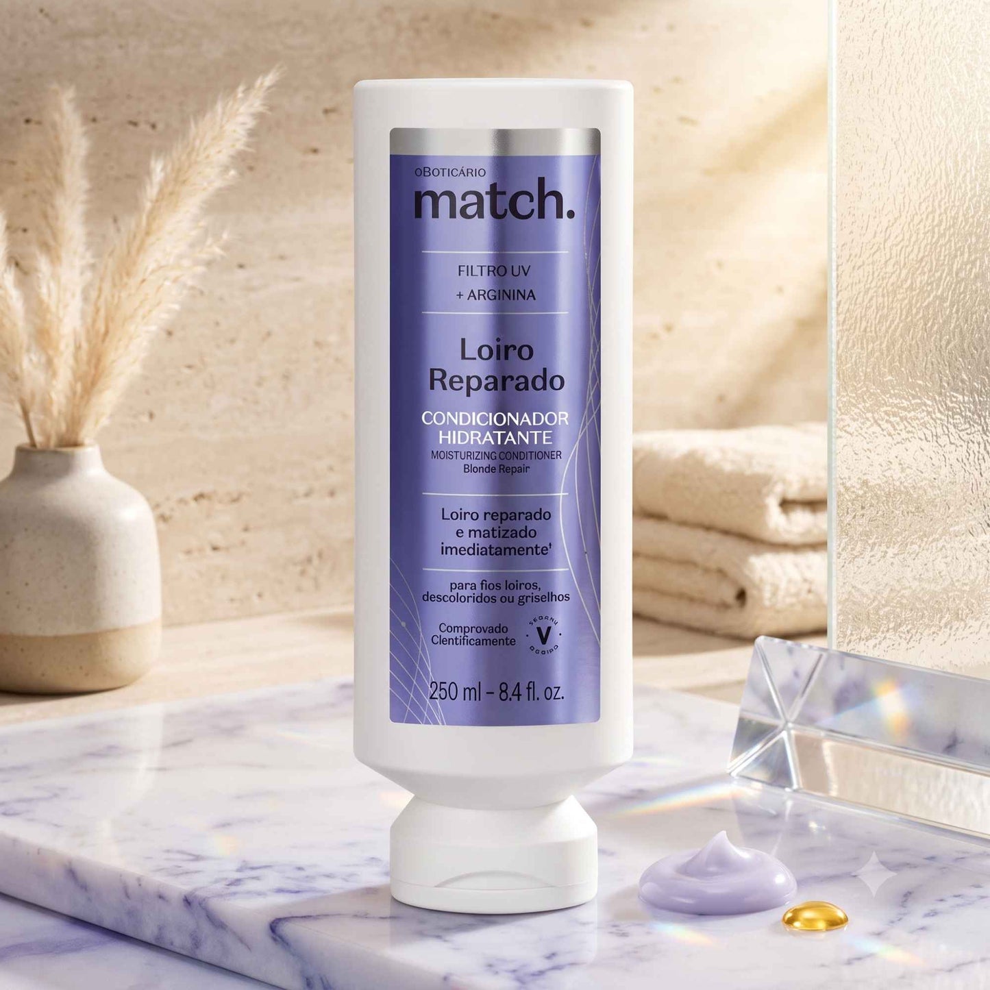 Après-shampoing déjaunisseur Match Proteção dos Loiros 280 ml O Boticário — visuel d'ambiance salle de bain