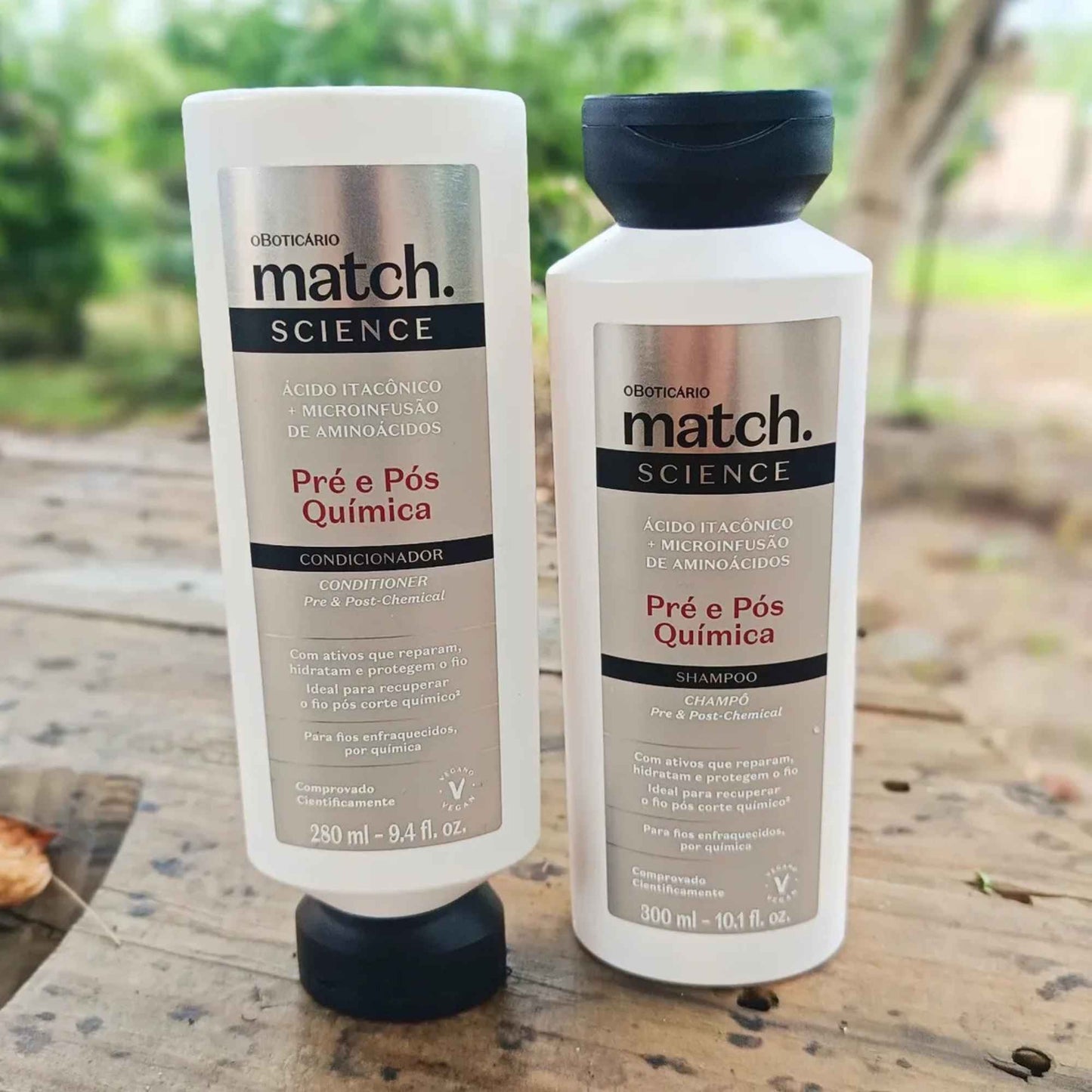 Shampoing 300 ml et après-shampoing 280 ml Match Science Pré e Pós-Química O Boticário — duo de la routine