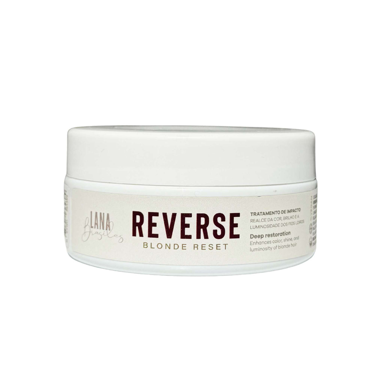 Masque Déjaunissant Blond Reverse 200 g Lana Brasiles, pot fermé sur fond blanc