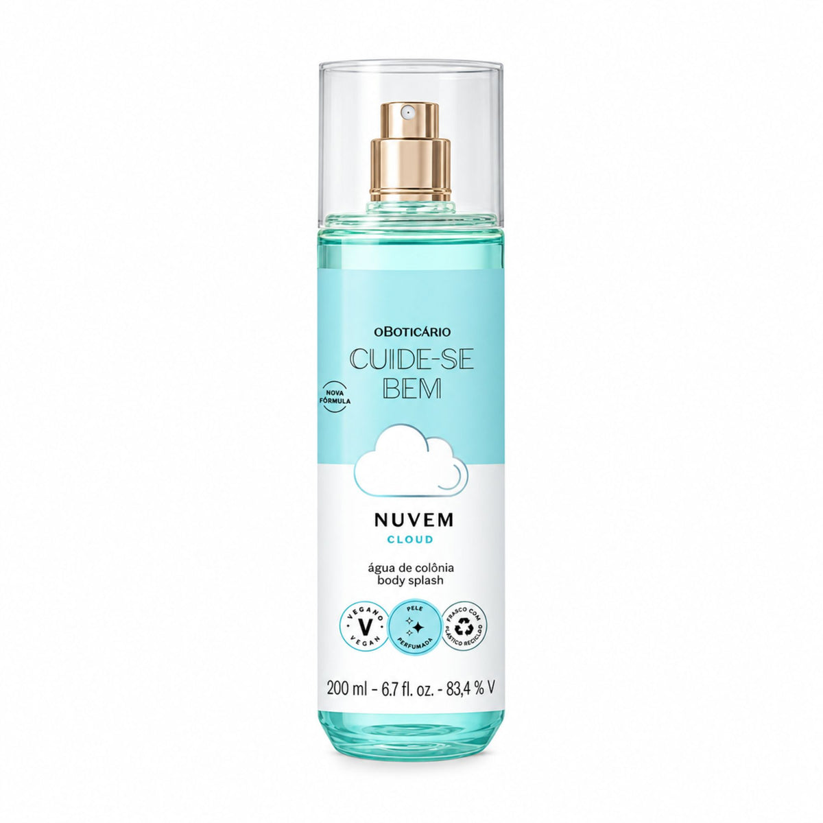 Body Splash Cuide-se Bem Nuvem 200 ml O Boticário, flacon turquoise sur fond blanc