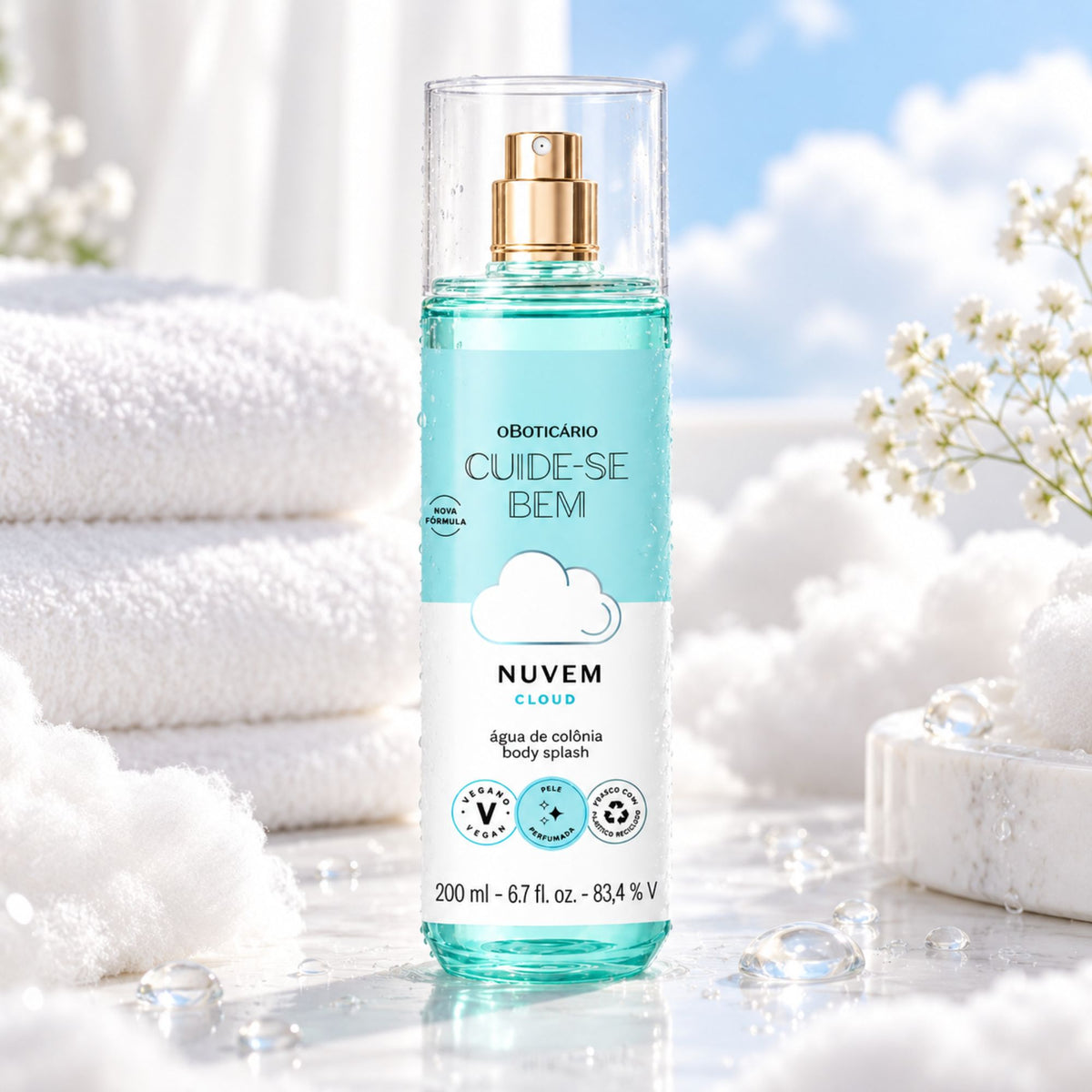 Body Splash Cuide-se Bem Nuvem 200 ml, entouré de serviettes blanches et de gouttes d’eau