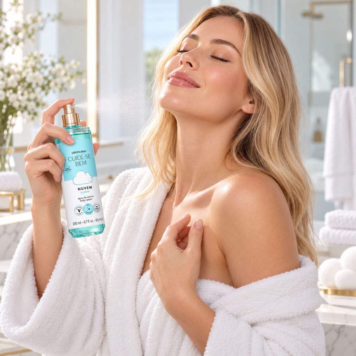 Application du Body Splash Cuide-se Bem Nuvem sur la peau après la douche