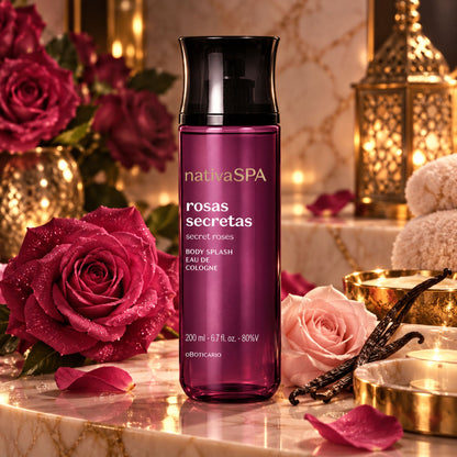 Body Splash Rosas Secretas 200 ml entouré de roses et de gousses de vanille