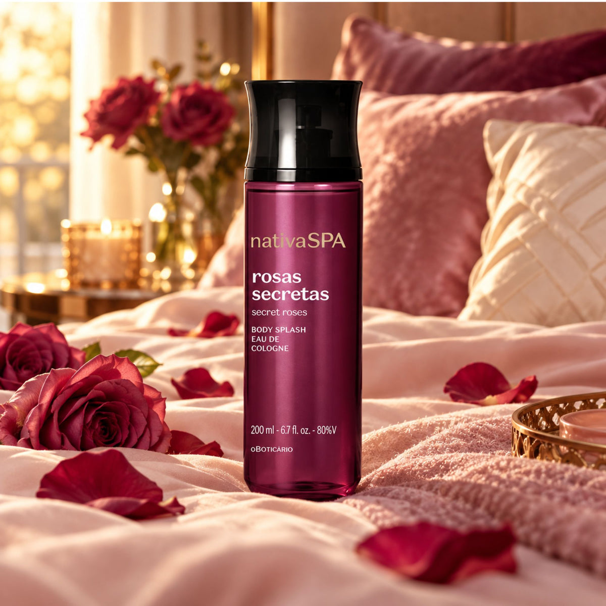 Body Splash Rosas Secretas 200 ml sur du linge rose, entouré de pétales
