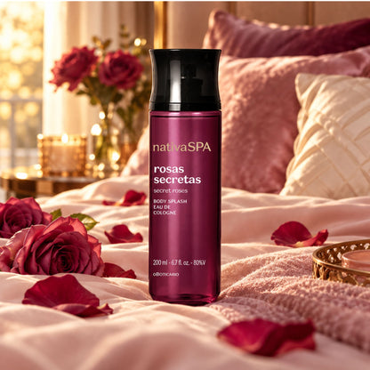 Body Splash Rosas Secretas 200 ml sur du linge rose, entouré de pétales
