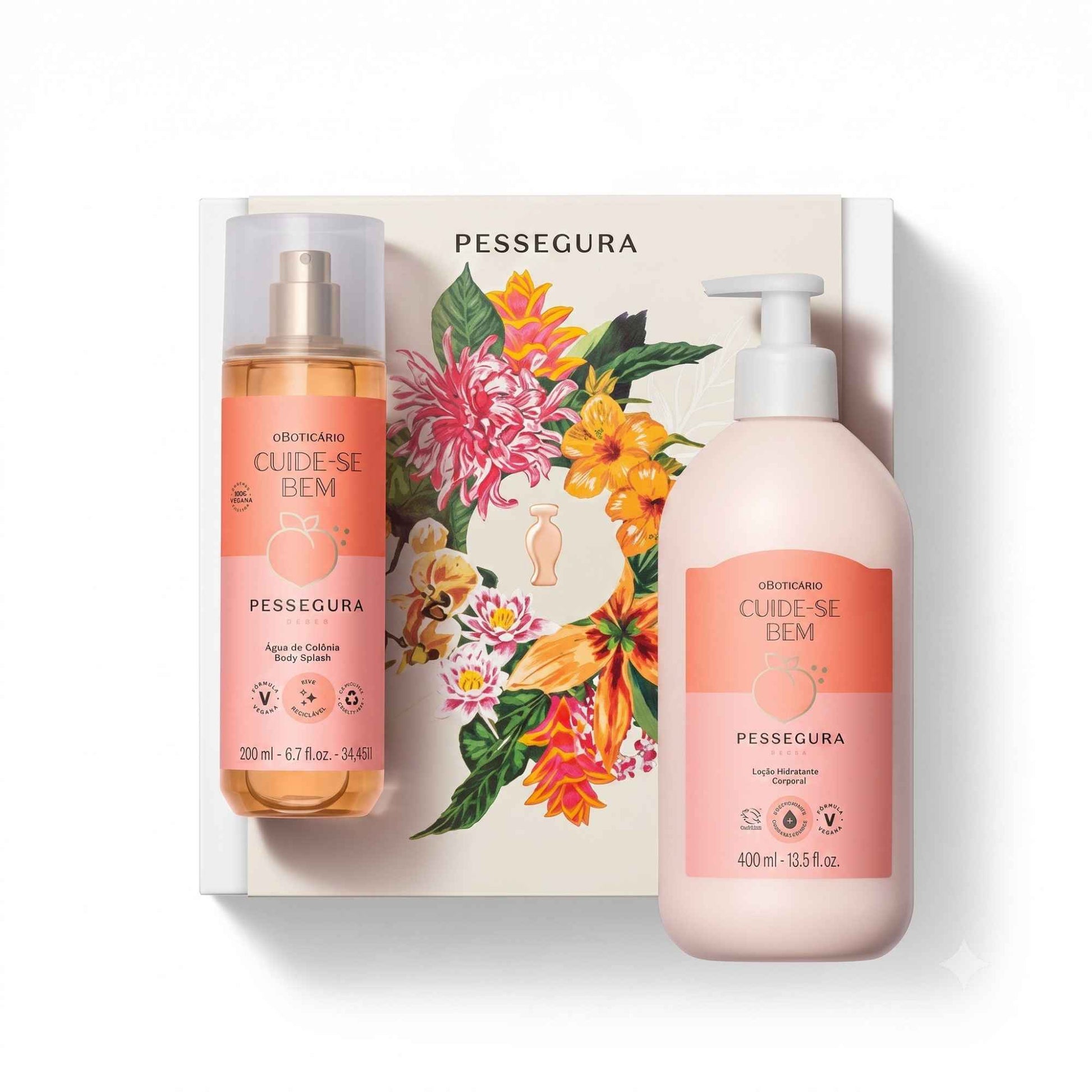 Coffret Cuide-se Bem Pessegura O Boticário — body splash 200 ml et lotion corps 400 ml
