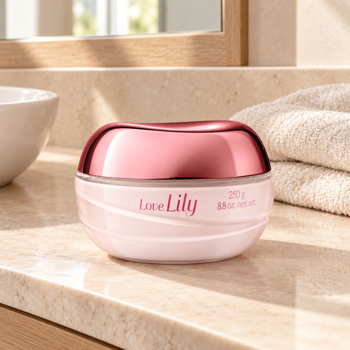 Crème hydratante Love Lily 250 g posée près de serviettes dans une salle de bain