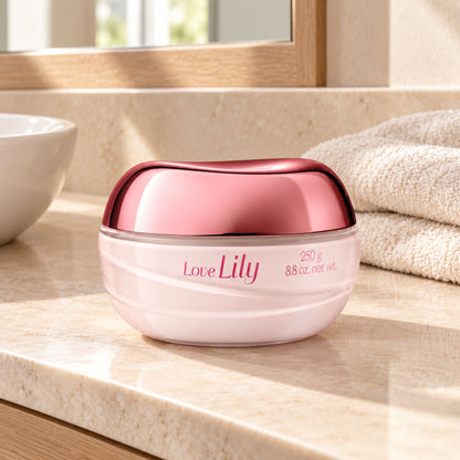 Crème hydratante Love Lily 250 g posée près de serviettes dans une salle de bain