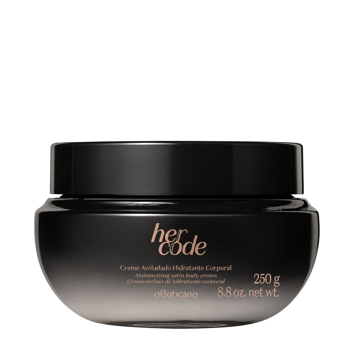 Crème corps veloutée Her Code O Boticário 250 g, pot noir sur fond blanc.