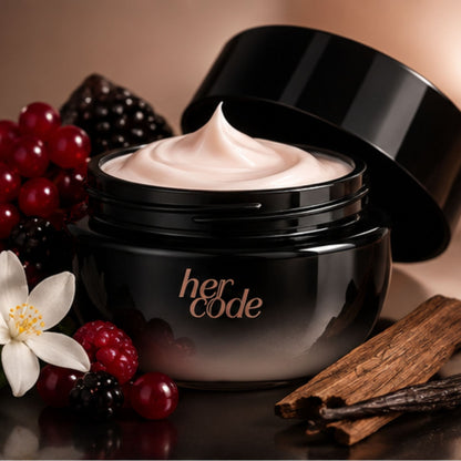 Pot ouvert de crème Her Code avec texture crémeuse, fruits rouges, fleur blanche et bois dans un décor parfumé.