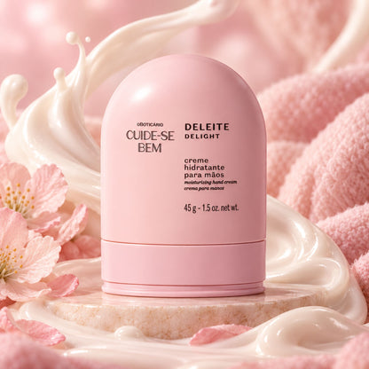 Crème mains Cuide-se Bem Deleite 45 g — flacon dans un décor rose avec fleurs et texture crémeuse