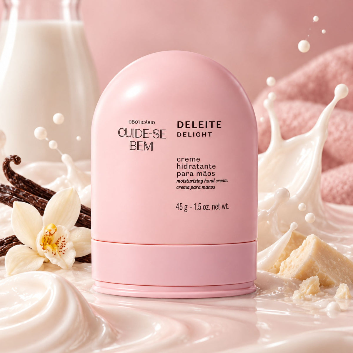 Crème mains Cuide-se Bem Deleite 45 g — flacon rose dans une mise en scène gourmande