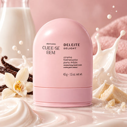 Crème mains Cuide-se Bem Deleite 45 g — flacon rose dans une mise en scène gourmande