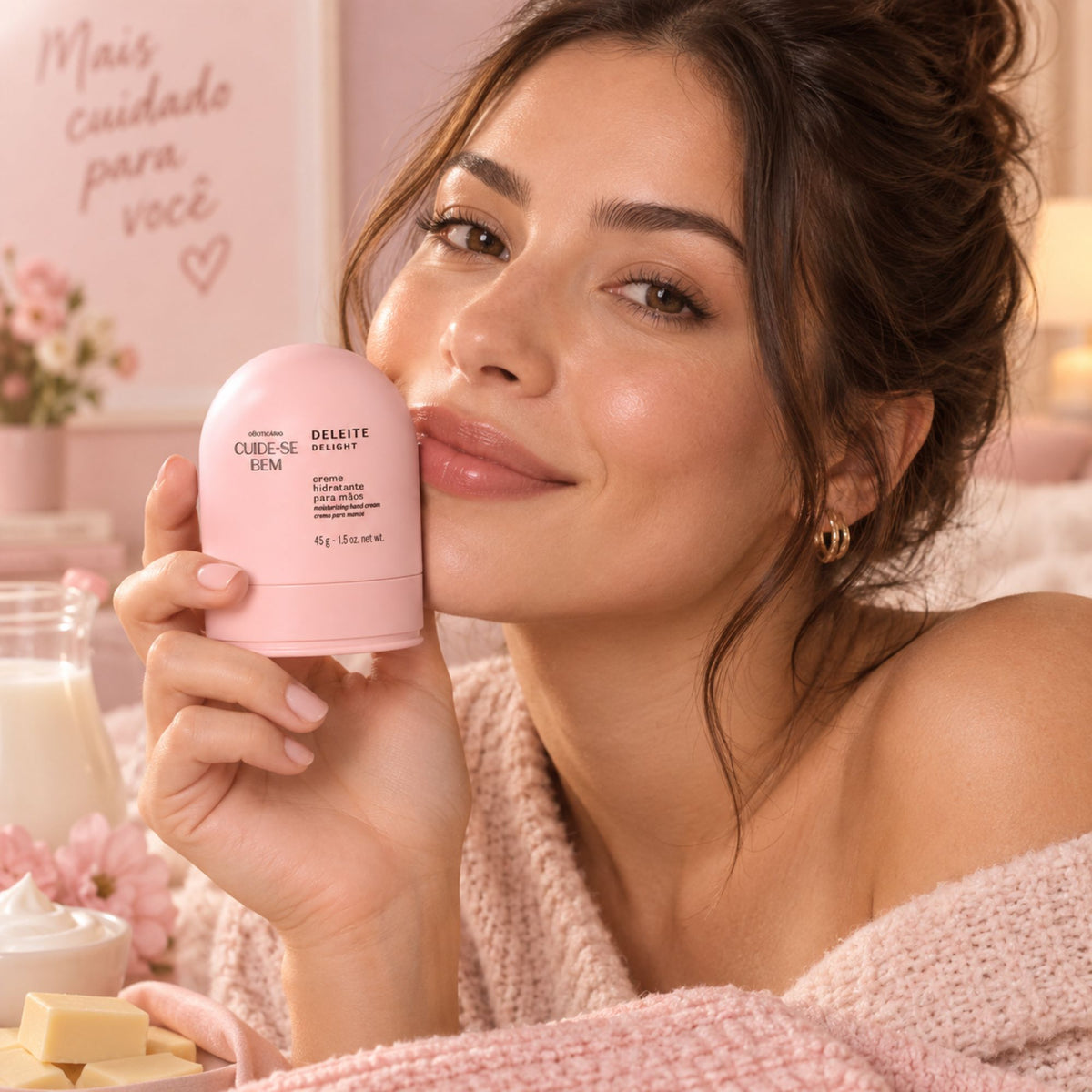 Crème mains Cuide-se Bem Deleite 45 g — présentation du flacon tenu en main