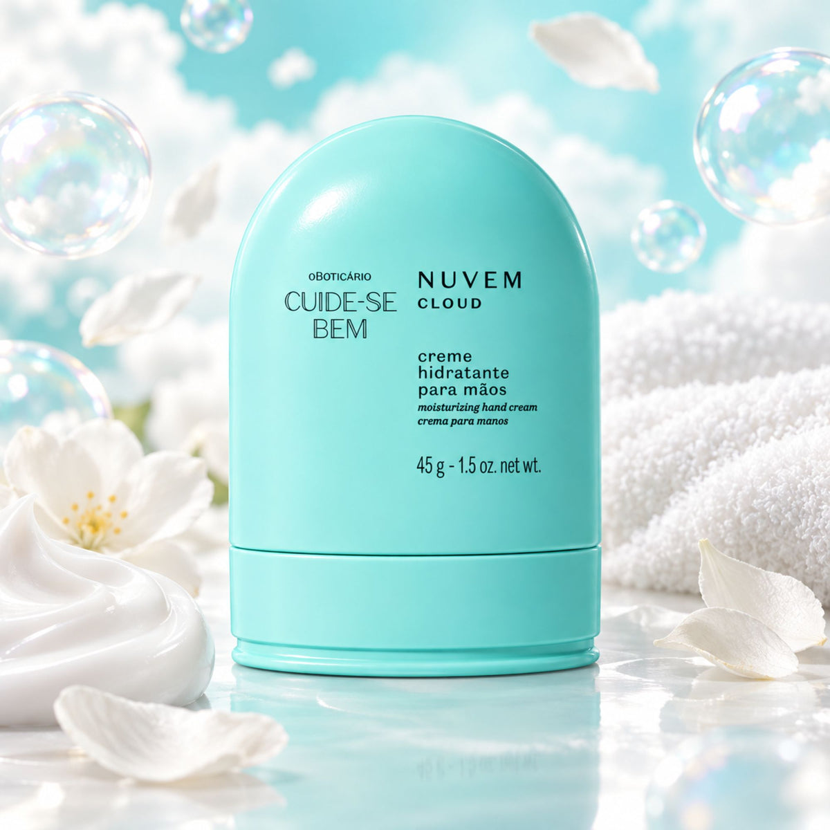 Crème mains Cuide-se Bem Nuvem 45 g — flacon entouré de fleurs, de bulles et de nuages