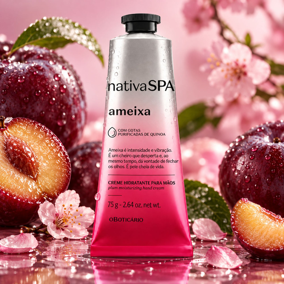 Crème mains Nativa SPA Ameixa 75 g — tube entouré de prunes et de fleurs roses