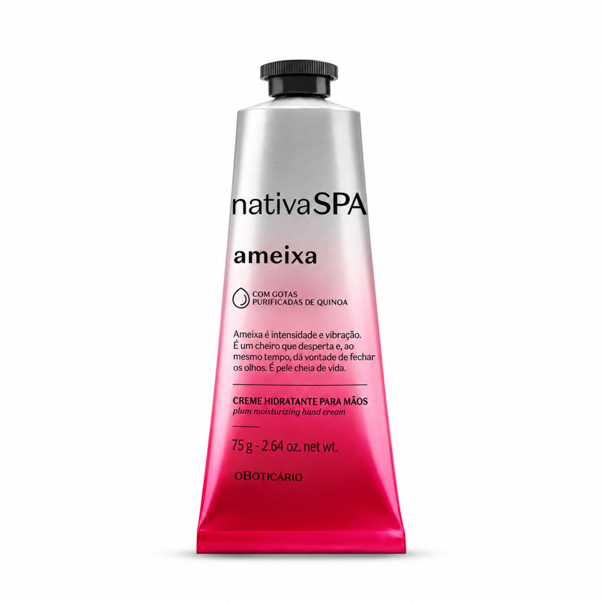 Crème mains Nativa SPA Ameixa 75 g O Boticário — tube rose et argent sur fond blanc