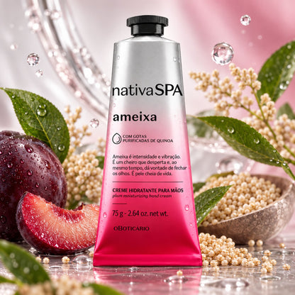 Crème mains Nativa SPA Ameixa 75 g — mise en scène avec prunes et graines de quinoa