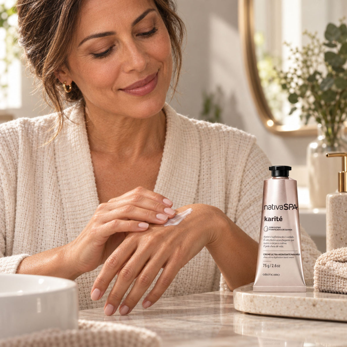 Application de la crème mains Nativa SPA Karité sur le dos de la main
