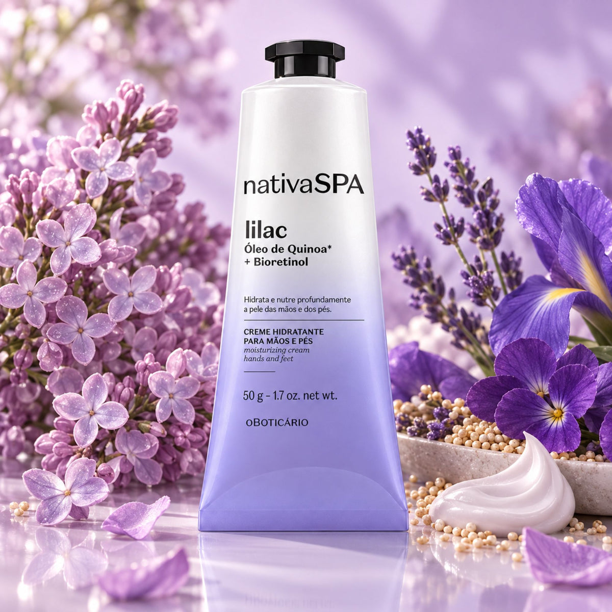 Crème mains et pieds Nativa SPA Lilac 50 g O Boticário — tube dans un décor floral