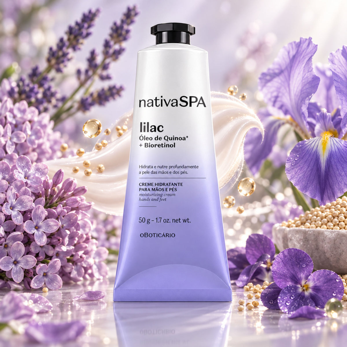 Crème mains et pieds Nativa SPA Lilac 50 g O Boticário — tube entouré de fleurs et de quinoa