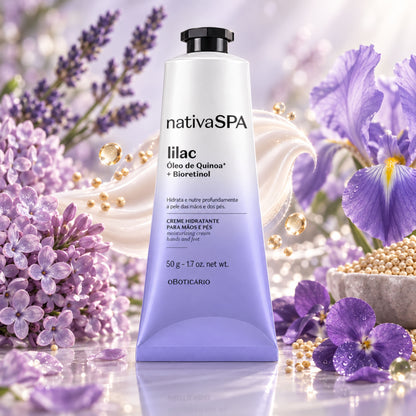 Crème mains et pieds Nativa SPA Lilac 50 g O Boticário — tube entouré de fleurs et de quinoa