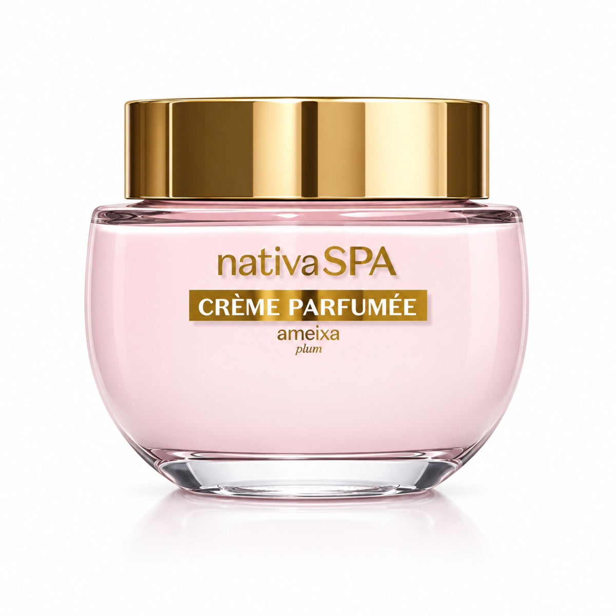 Crème parfumée corps Nativa SPA Ameixa 200 g O Boticário, pot rose à couvercle doré sur fond blanc