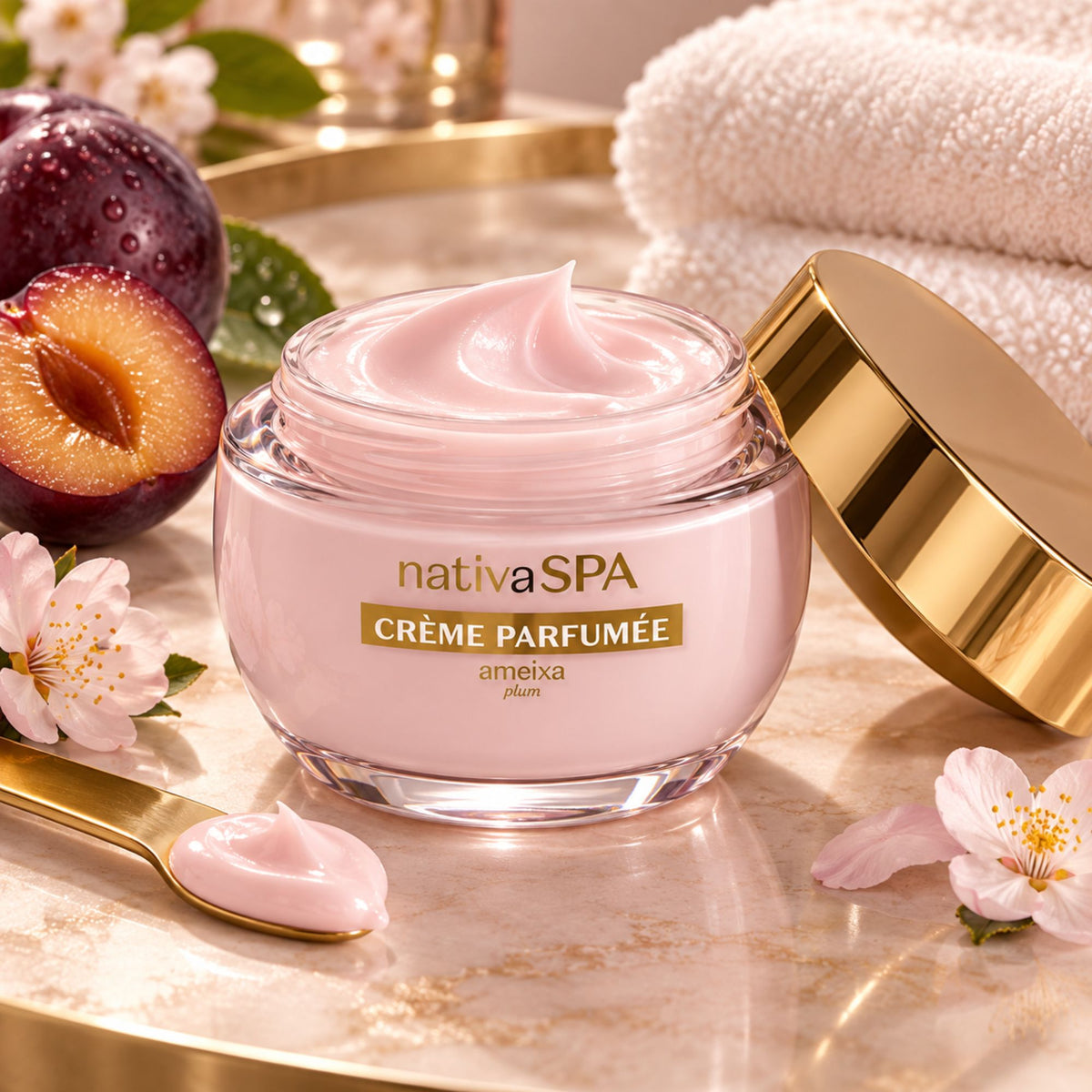 Pot ouvert de crème parfumée Nativa SPA Ameixa montrant sa texture crémeuse rose