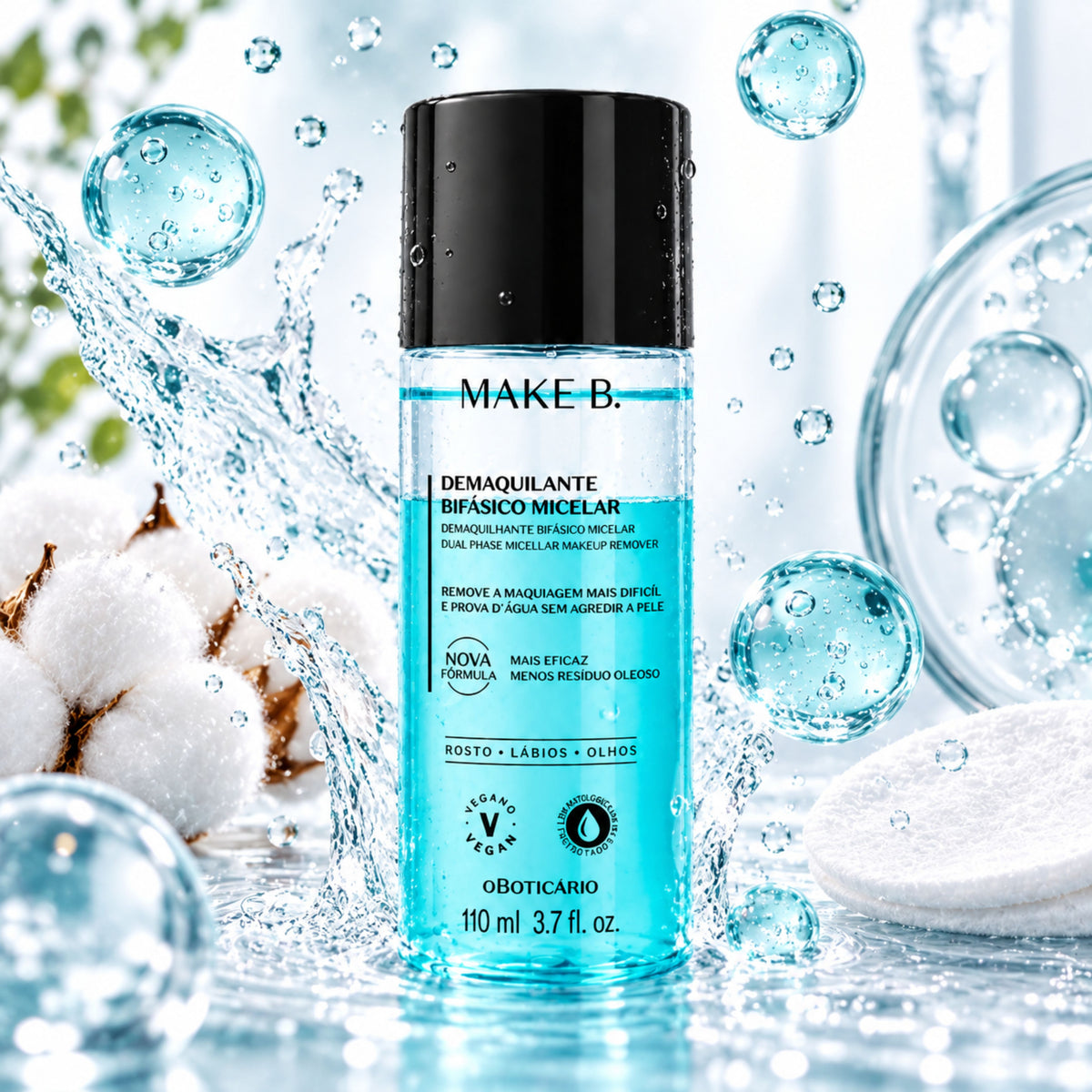 Démaquillant micellaire biphasé Make B. 110 ml O Boticário — flacon dans un décor d’eau et de coton