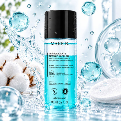 Démaquillant micellaire biphasé Make B. 110 ml O Boticário — flacon dans un décor d’eau et de coton