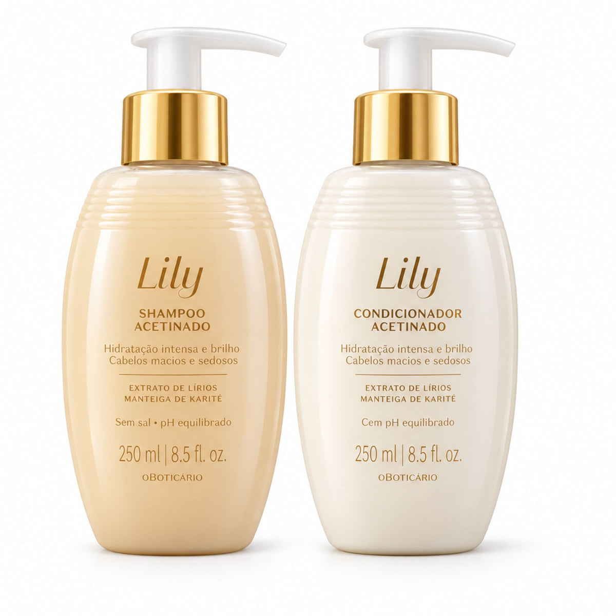 Duo capillaire Satiné Lily O Boticário : shampoing et après-shampoing, 250 ml chacun